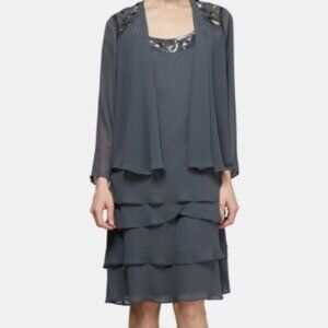 S.L. Fashions Women's Embellished Tiered Jacket and Dress, Steel Sz 12P a639140